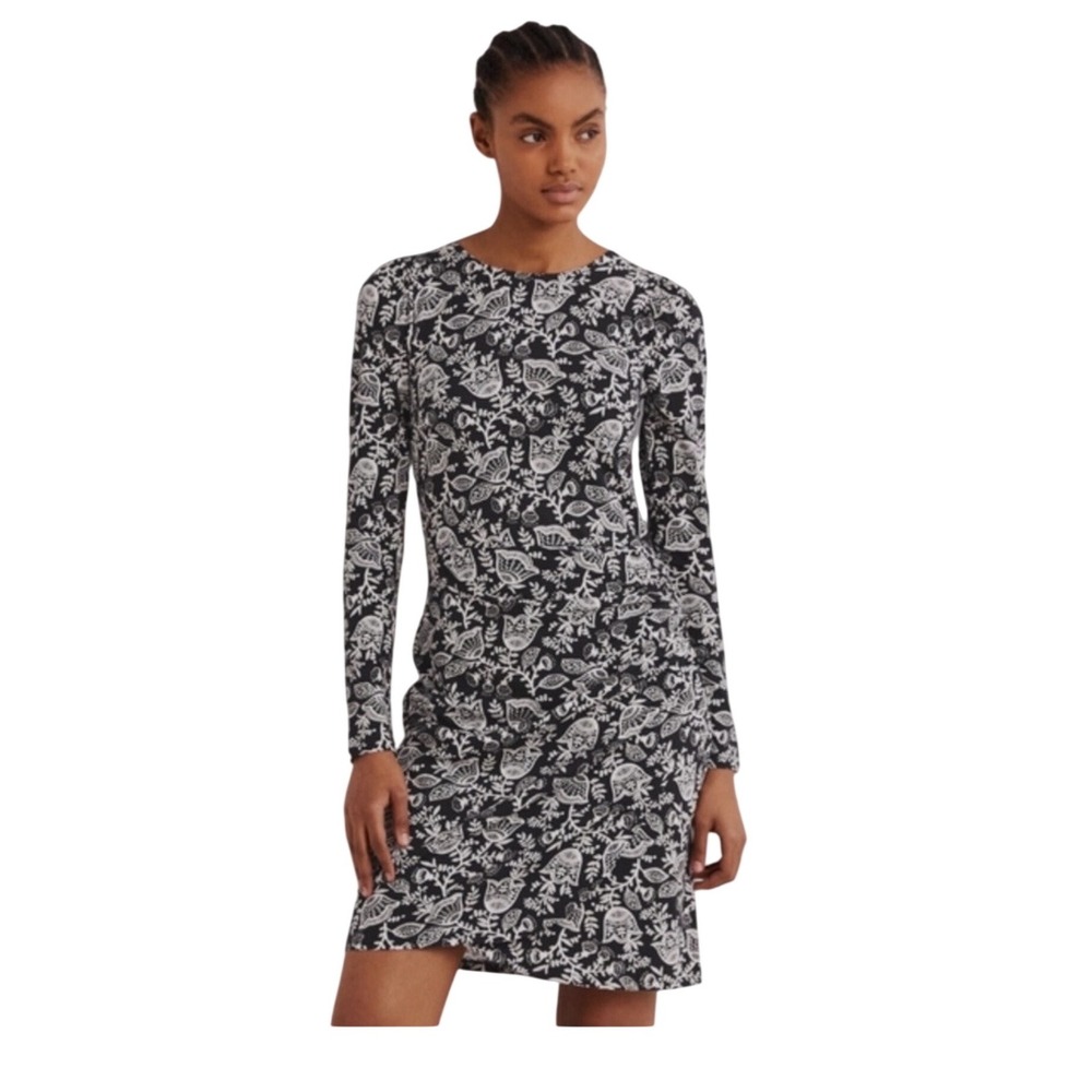 Boden Ruched Jersey Mini Dress US 8 Black White Floral Long Sleeve NWT